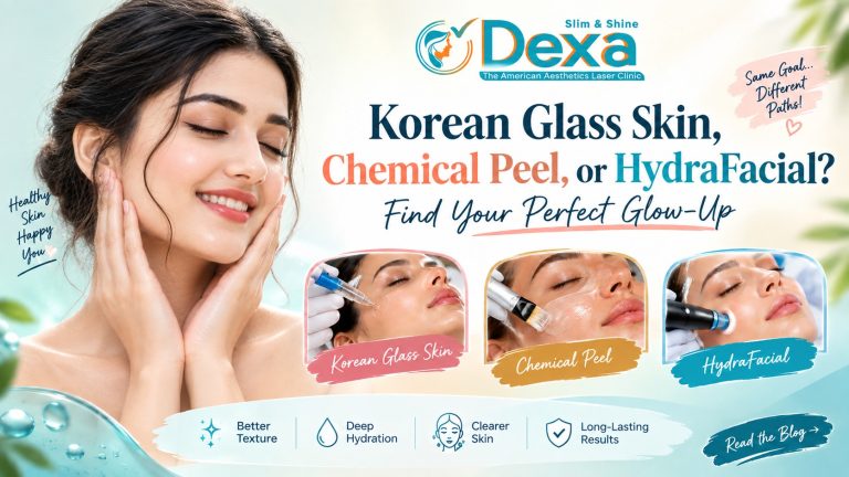 Woman with glowing skin beside three facial treatments compared – Korean Glass Skin, Chemical Peel and HydraFacial at Dexa Clinic Ahmedabad